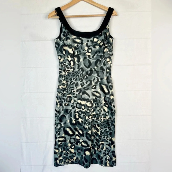 Donna Ricco New York Animal Print Fitted Midi Dress Sleeveless Black Gray Sz 4 - Picture 2 of 13